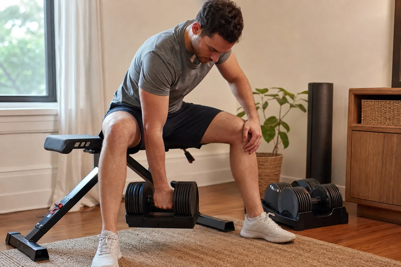 Real-life scene illustrating best adjustable dumbbells for progressive home workouts.
