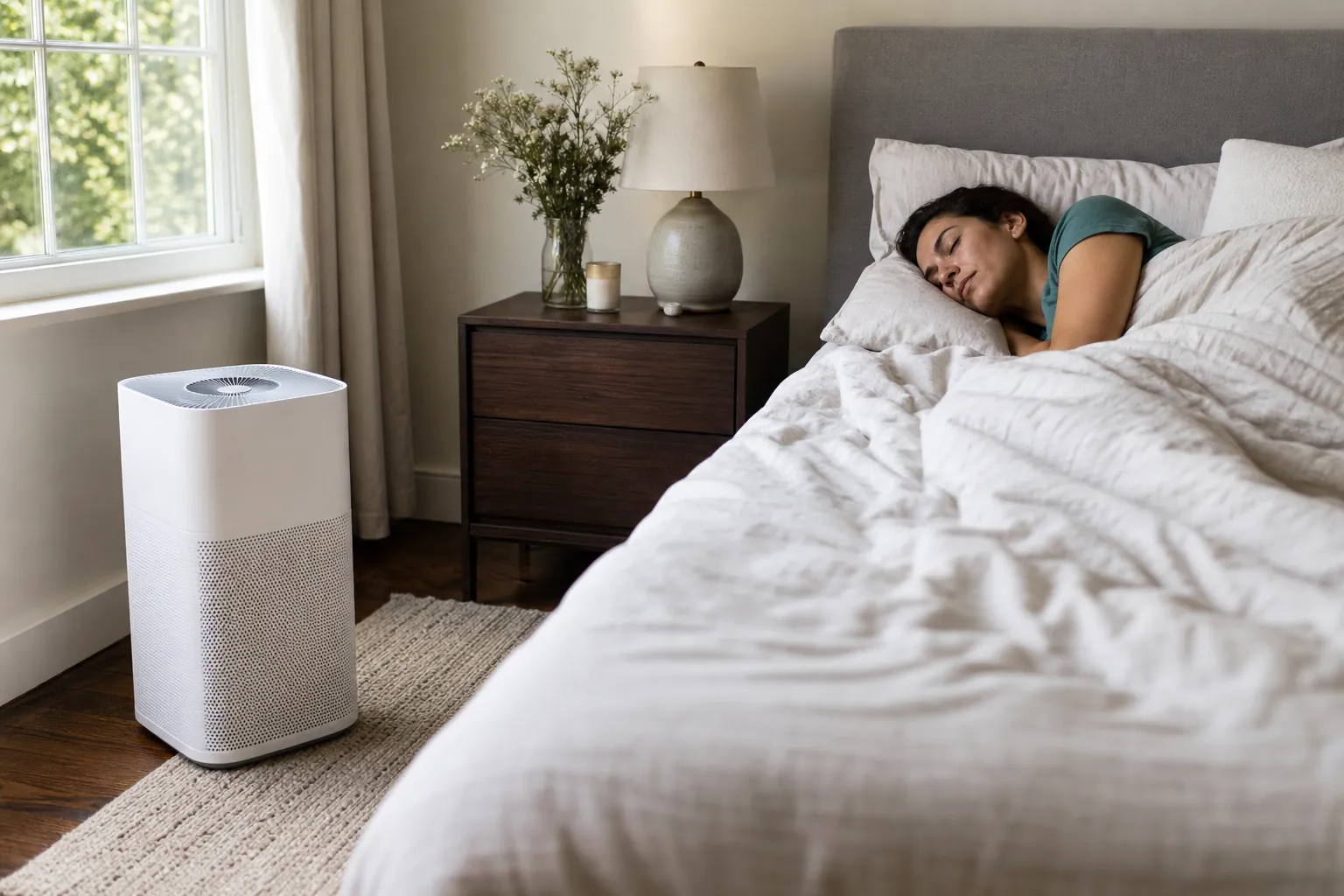 Real-life scene illustrating best air purifiers for bedrooms, allergies and quiet nights.