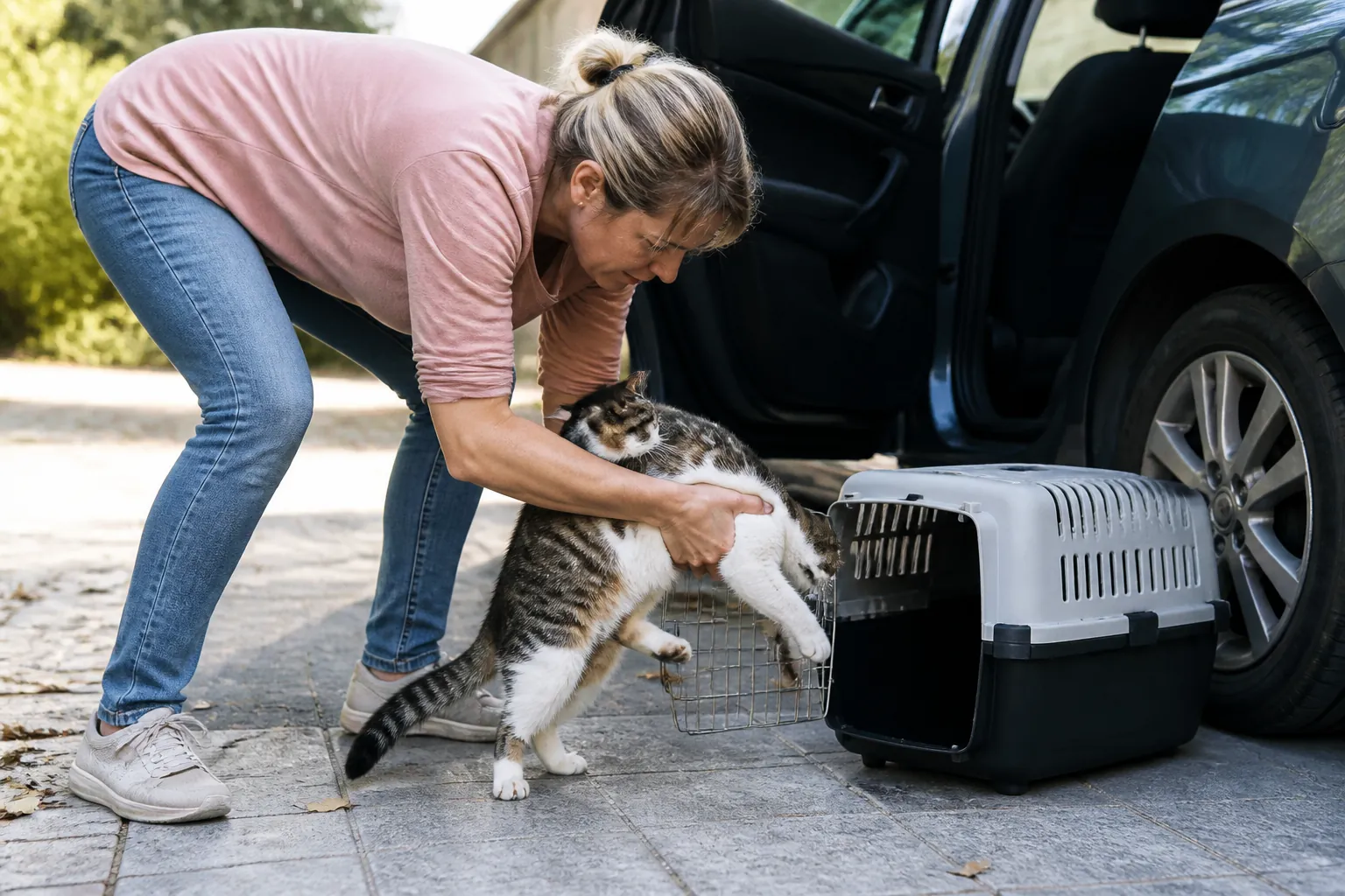 Real-life scene illustrating best pet carriers for calmer vet visits and car trips.