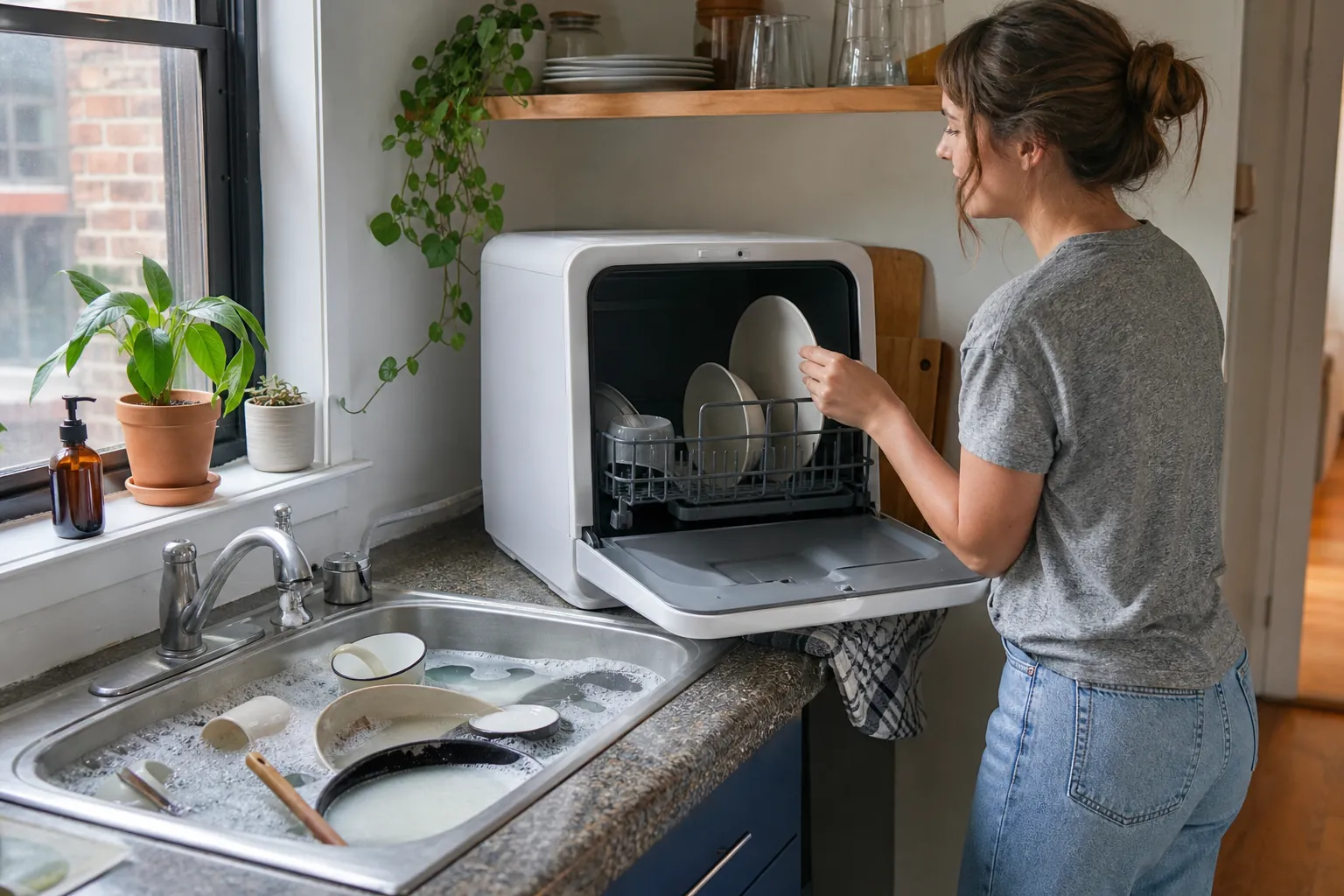 Real-life scene illustrating best countertop dishwashers for rentals and small kitchens.