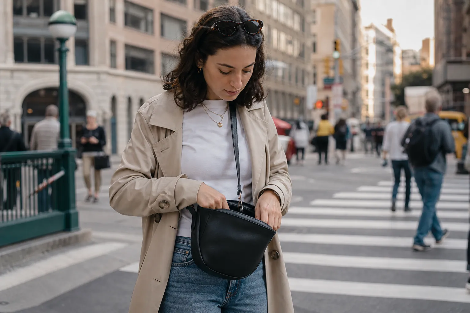 Real-life scene illustrating best crossbody bags for hands-free city days.