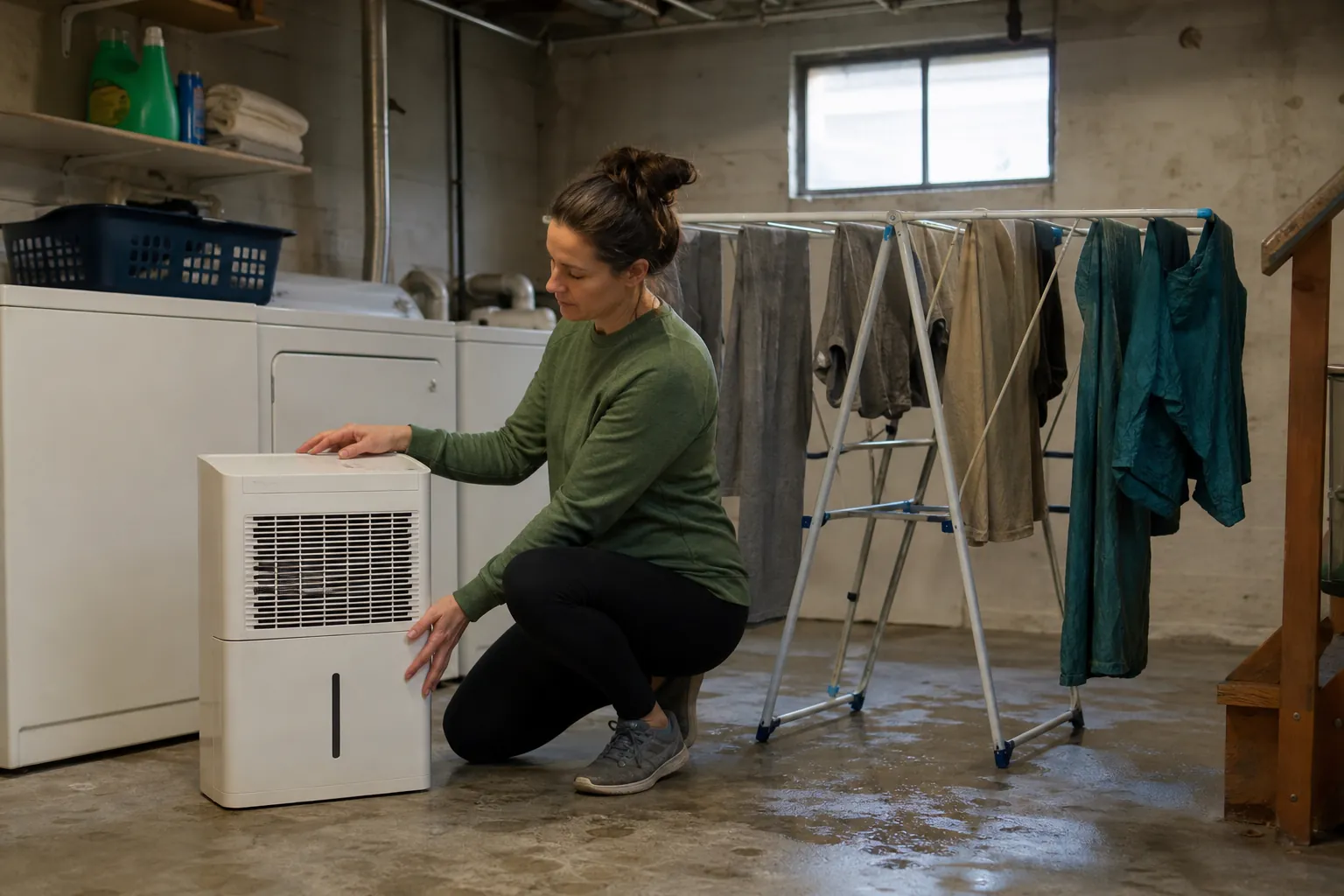 Real-life scene illustrating best dehumidifiers for damp basements and laundry areas.