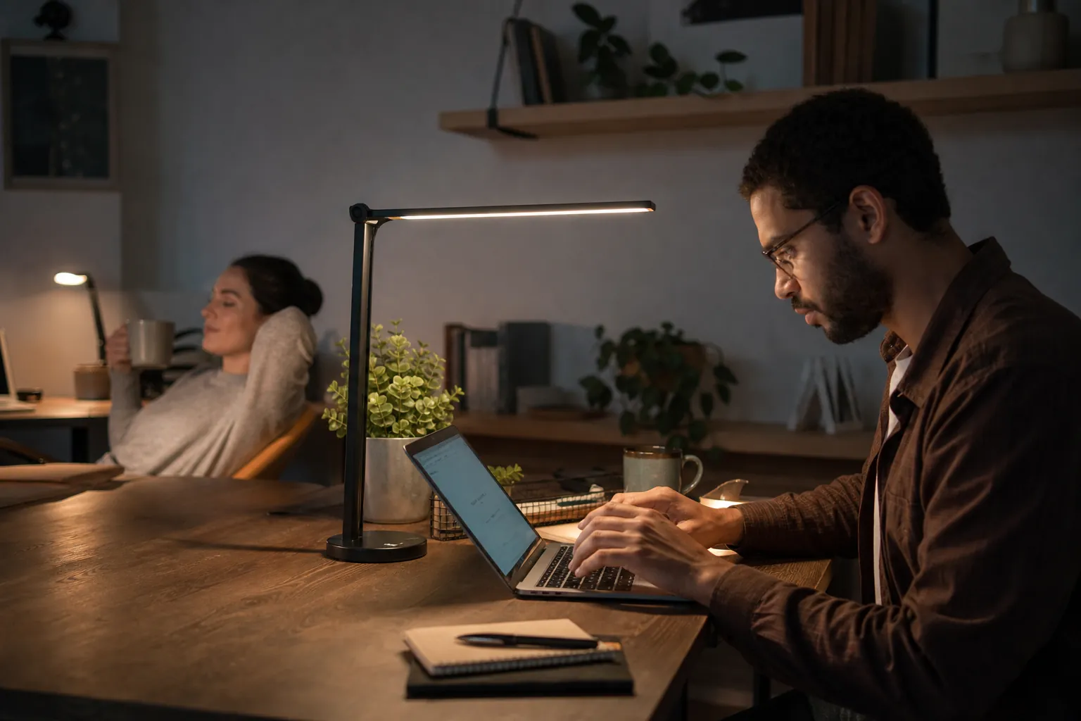 Real-life scene illustrating best desk lamps for shared workspaces and late-night focus.