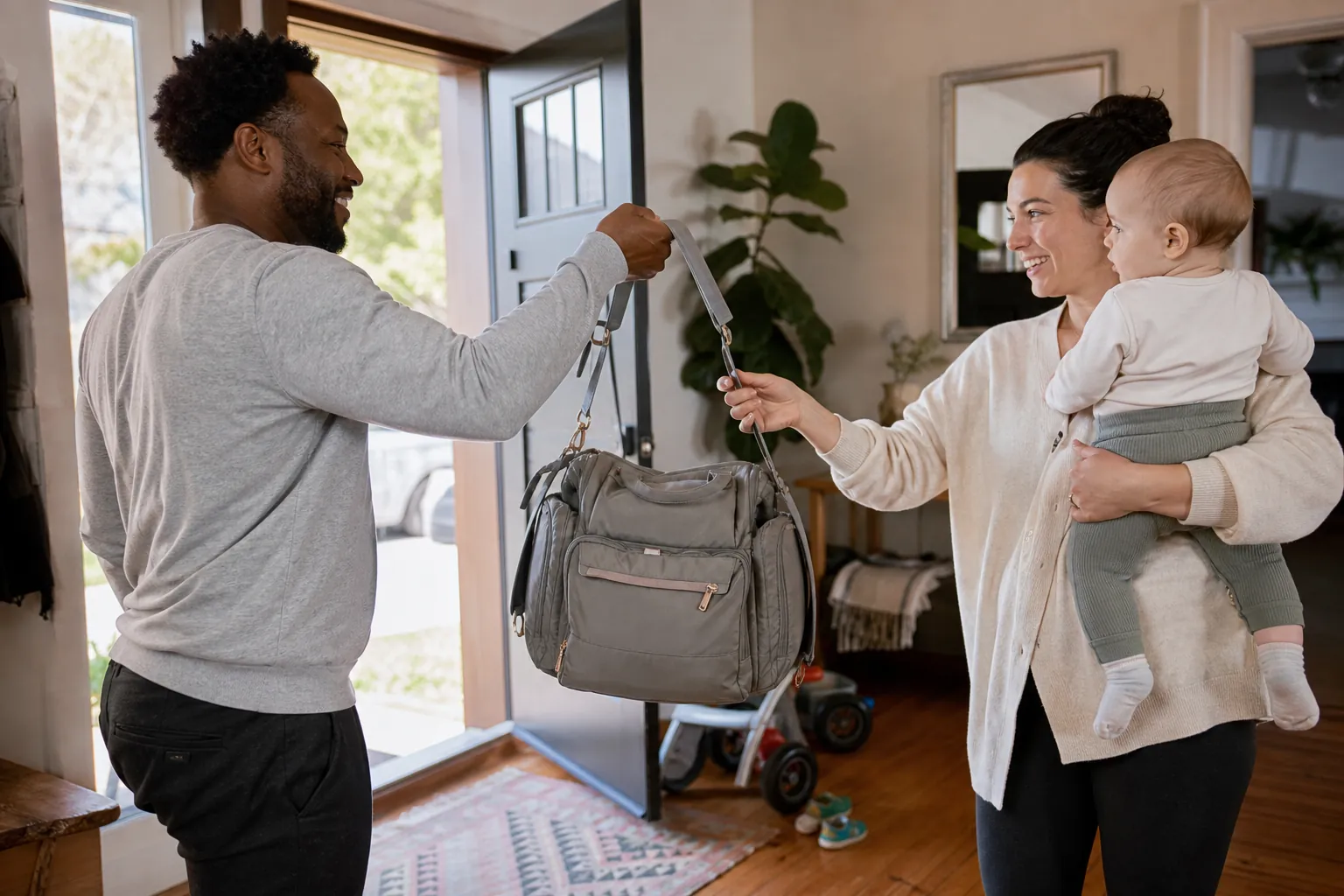 Real-life scene illustrating best diaper bags for parents who share the load.