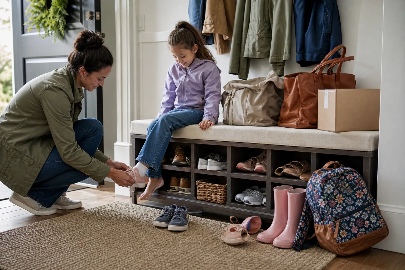 Real-life scene illustrating best entryway storage benches for shoes, bags and rushed mornings.