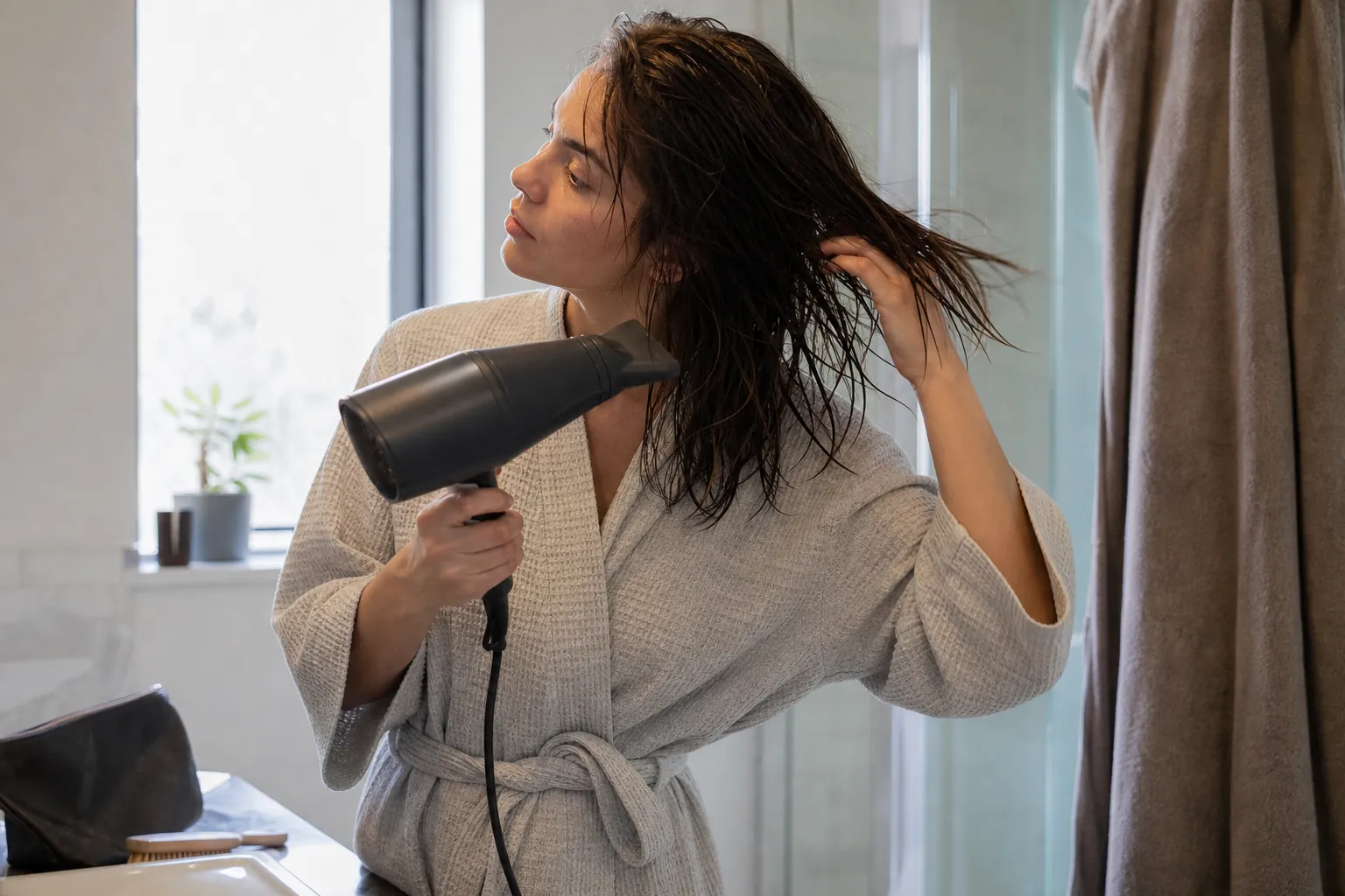 Real-life scene illustrating best hair dryers for faster mornings and less arm fatigue.