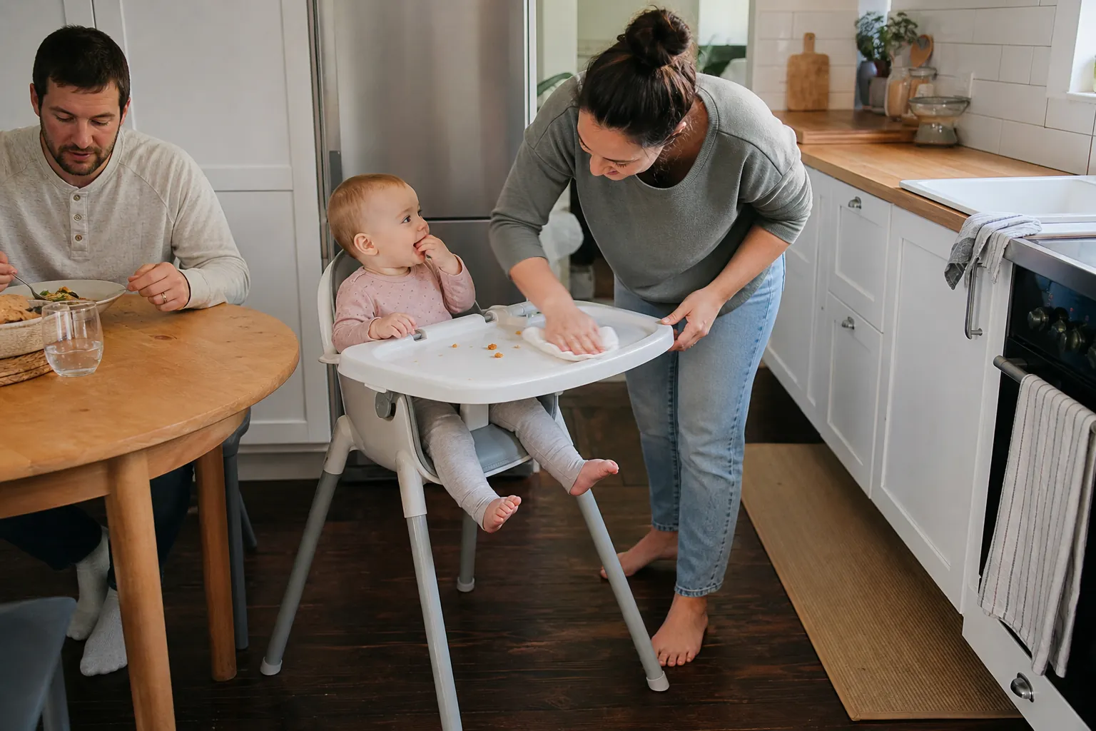 Real-life scene illustrating best high chairs for small kitchens and everyday cleanup.