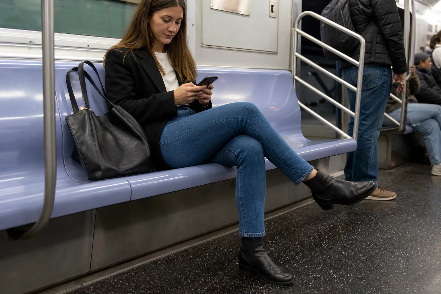 Real-life scene illustrating best jeans for long days of sitting, walking and commuting.