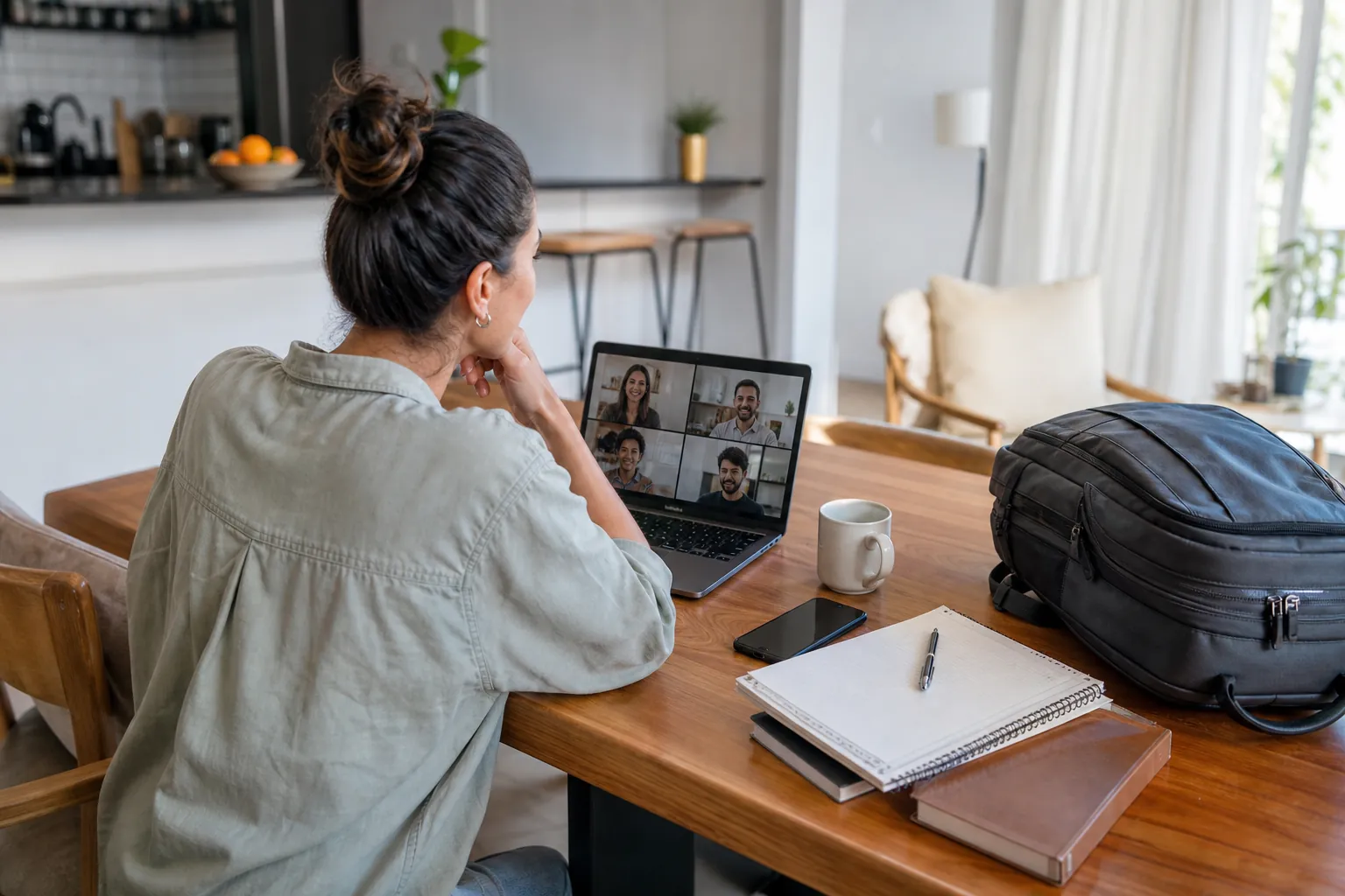Real-life scene illustrating best laptops for hybrid work, video calls and daily travel.