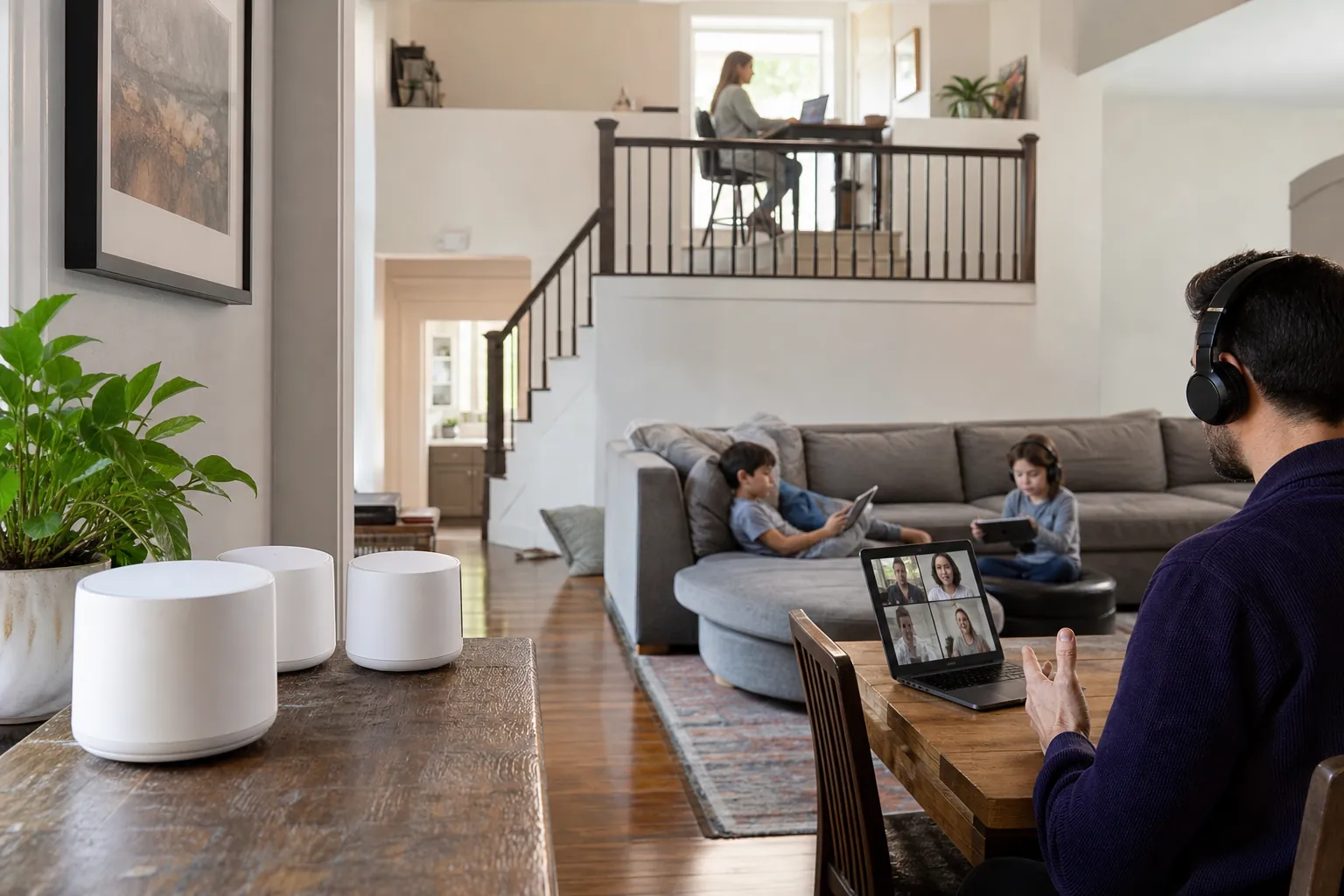 Real-life scene illustrating best mesh wi-fi systems for busy homes with awkward dead zones.