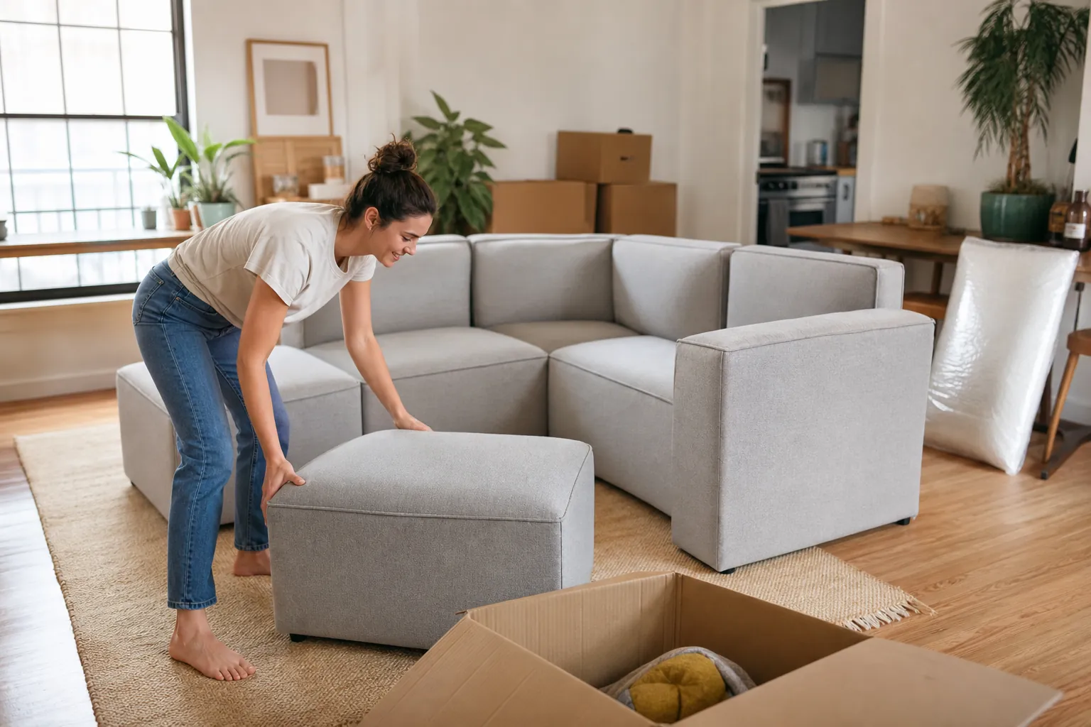 Real-life scene illustrating best modular sofas for apartments, moves and changing family rooms.