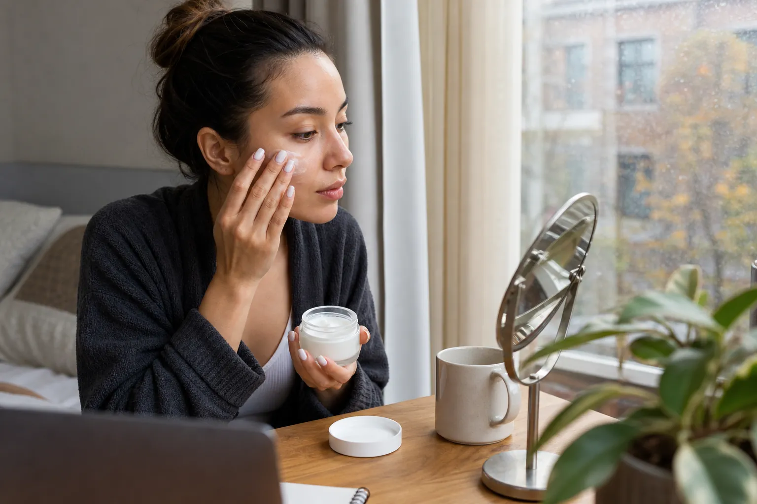 Real-life scene illustrating best moisturizers for combination skin and changing weather.