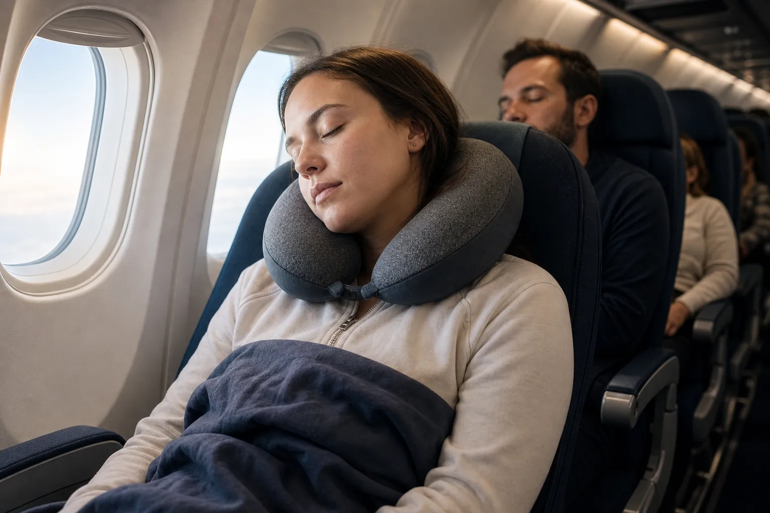 Real-life scene illustrating best neck pillows for long flights without excess bulk.
