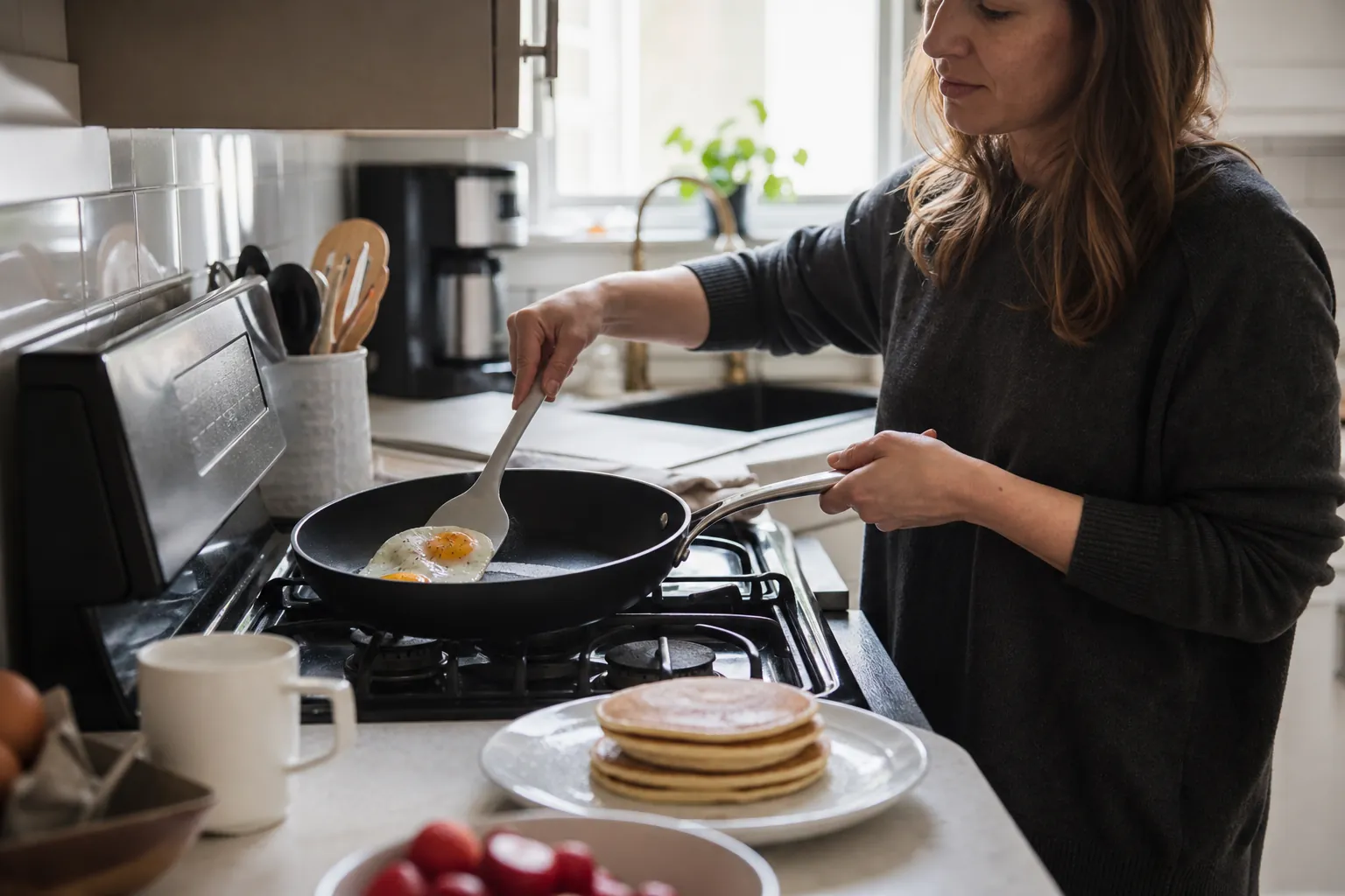 Real-life scene illustrating best nonstick pans for eggs, pancakes and low-stress cleanup.