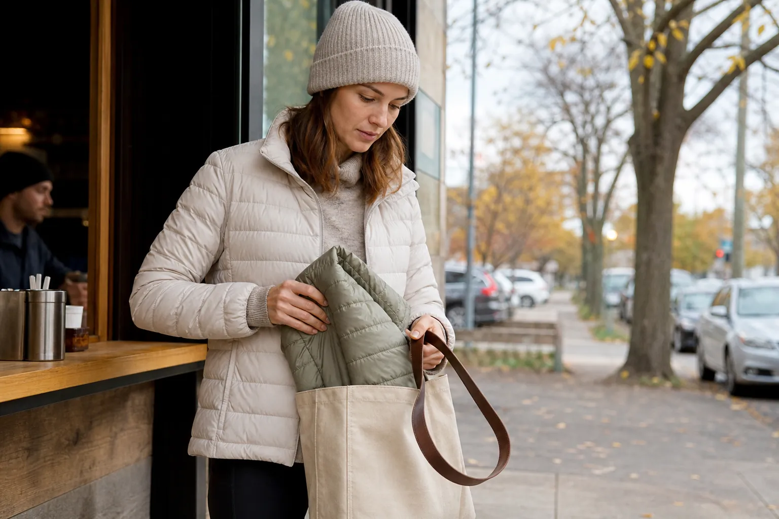 Real-life scene illustrating best packable puffer jackets for cold mornings and small bags.