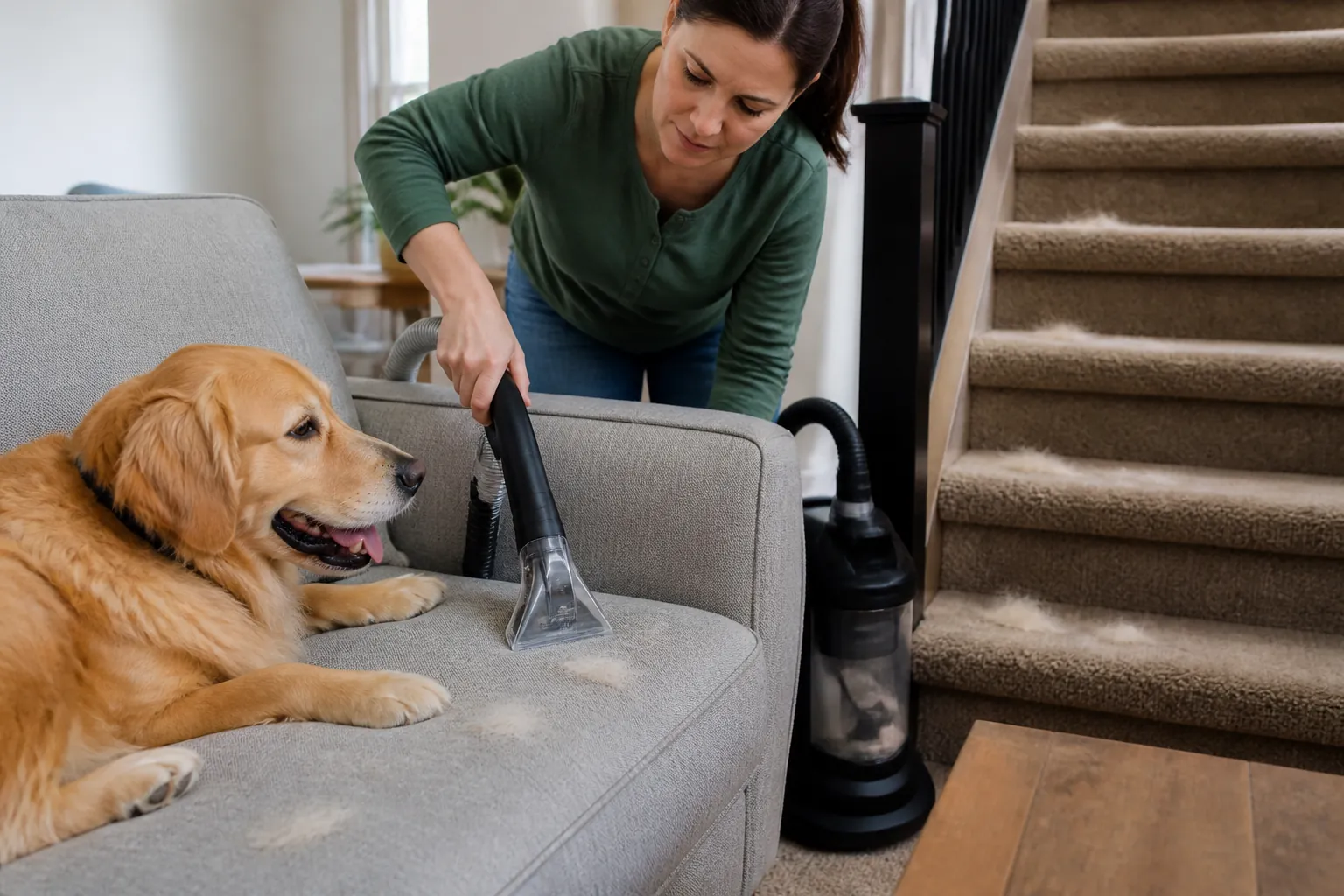 Real-life scene illustrating best pet hair vacuums for sofas, stairs and quick cleanup.