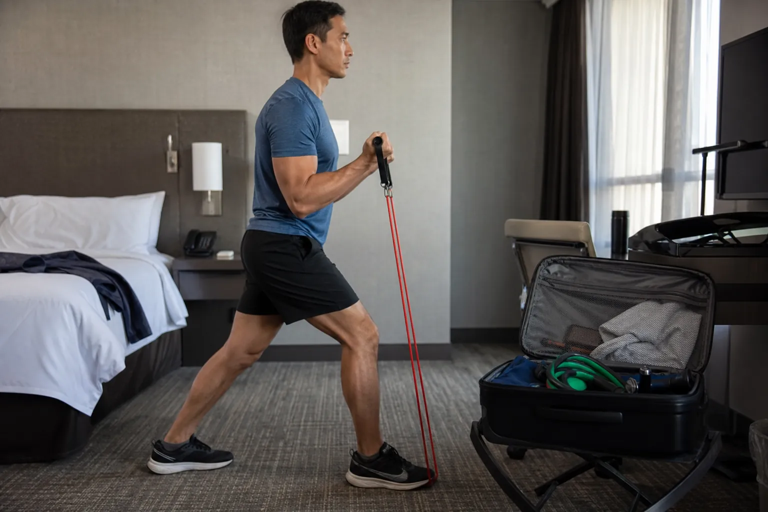 Real-life scene illustrating best resistance bands for travel and full-body sessions.