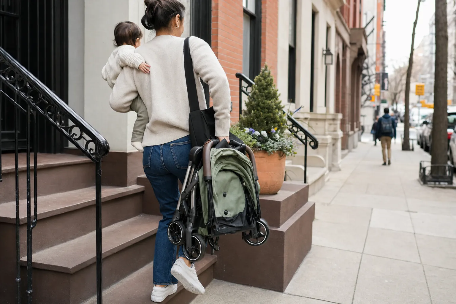 Real-life scene illustrating best strollers for city sidewalks, stairs and transit.