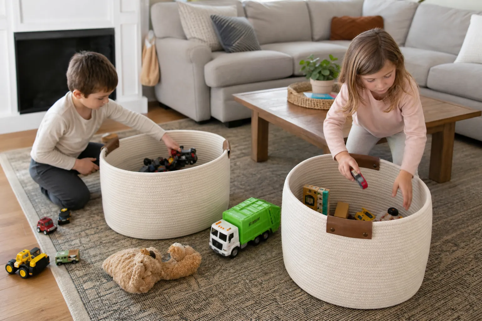 Real-life scene illustrating best toy storage for shared living rooms.