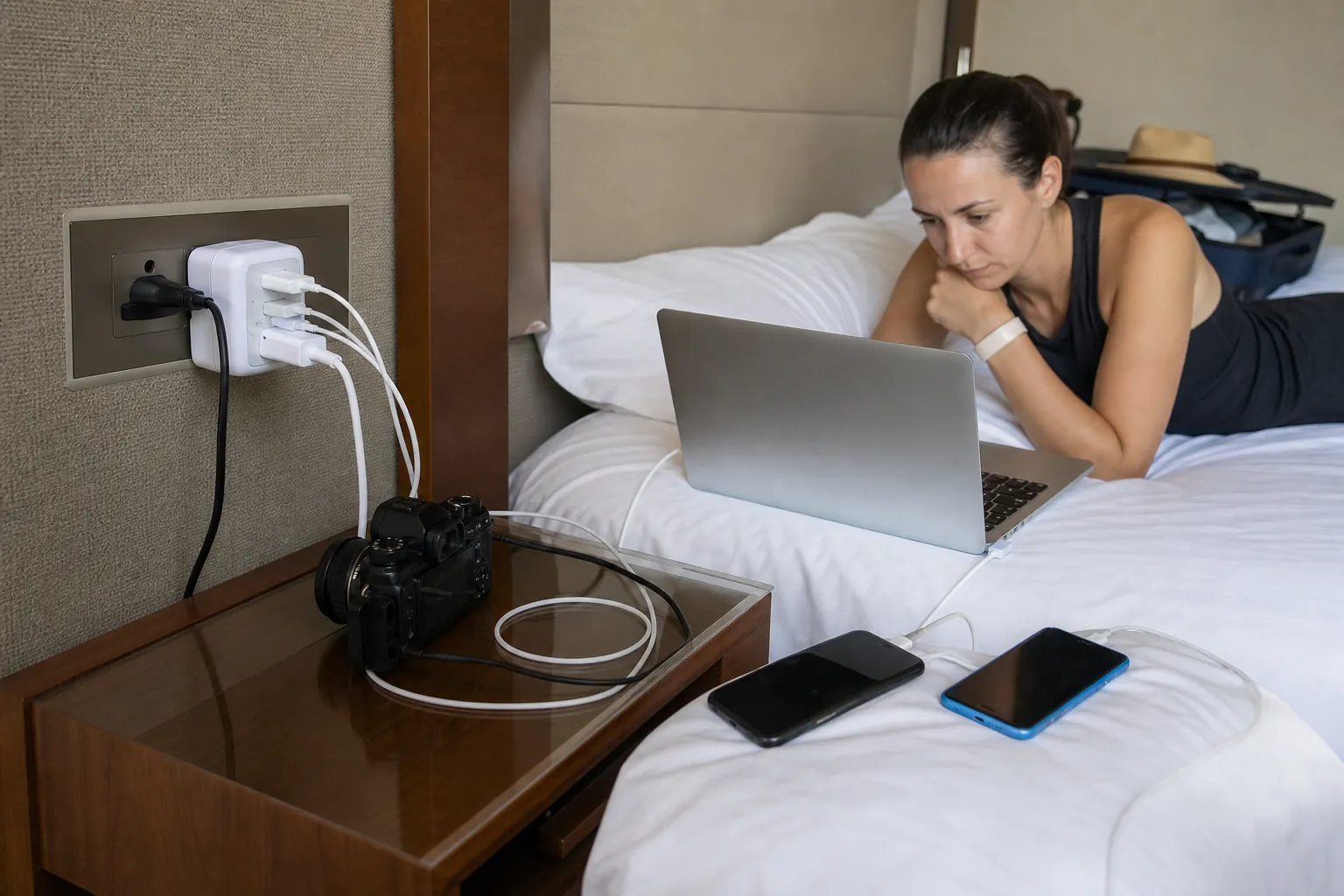 Real-life scene illustrating best travel adapters for international trips and multiple devices.