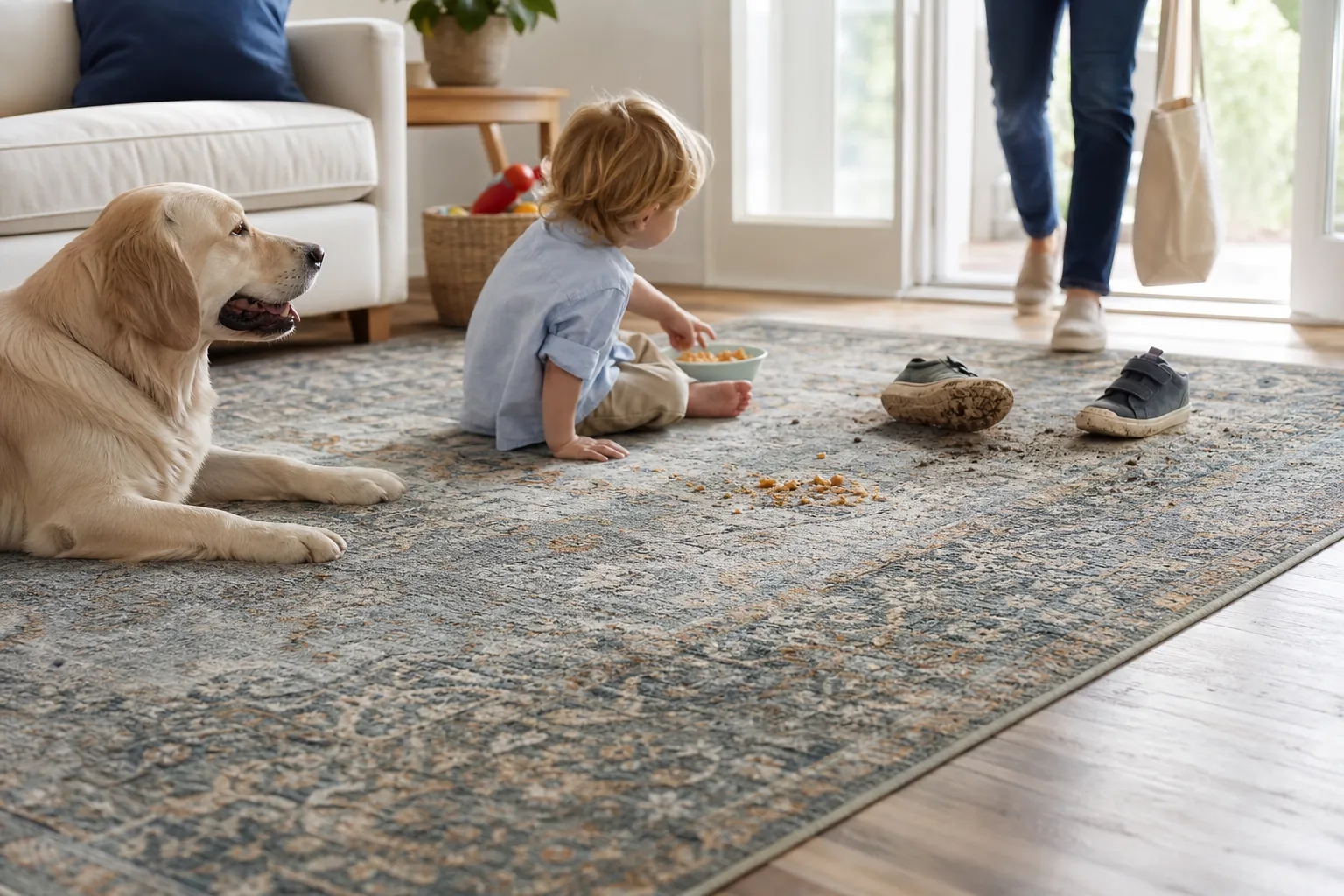 Real-life scene illustrating best washable rugs for entryways, kids and everyday spills.