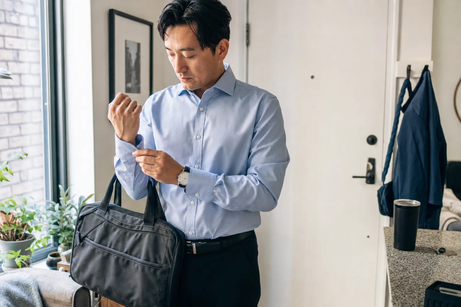Real-life scene illustrating best wrinkle-resistant work shirts for commutes and long office days.
