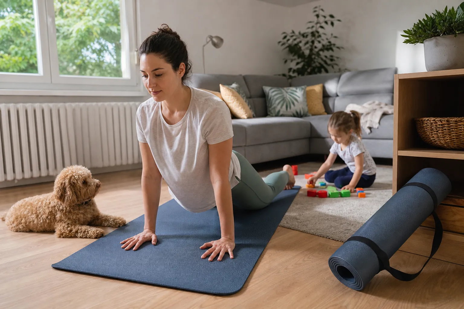 Real-life scene illustrating best yoga mats for stable home practice and easy storage.