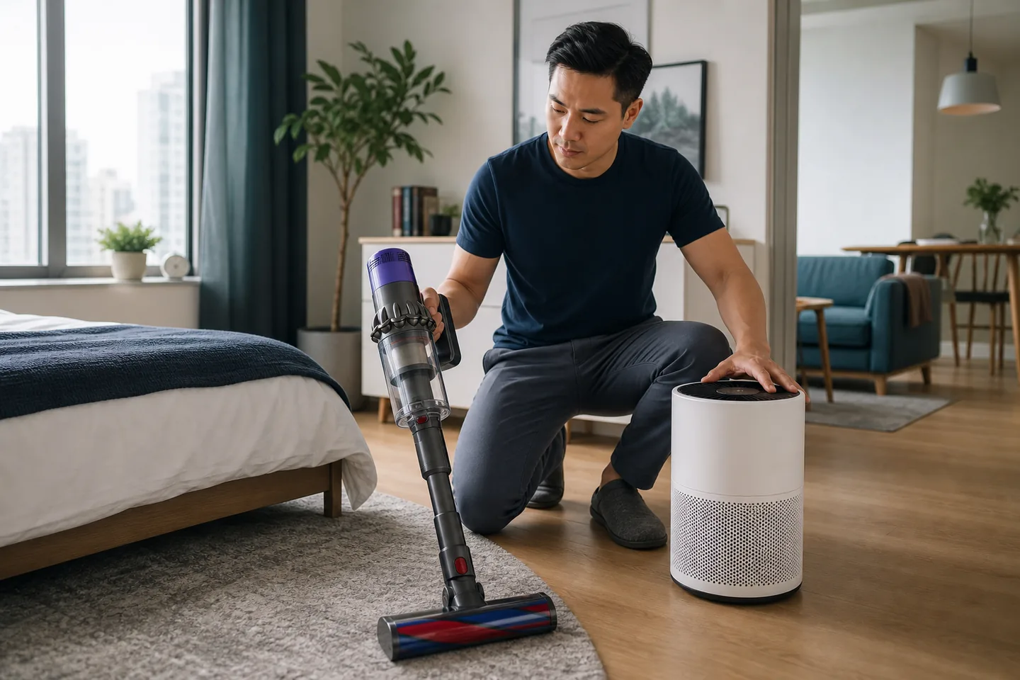 A realistic everyday appliances shopping scene for best air purifiers for bedrooms, allergies and quiet nights.