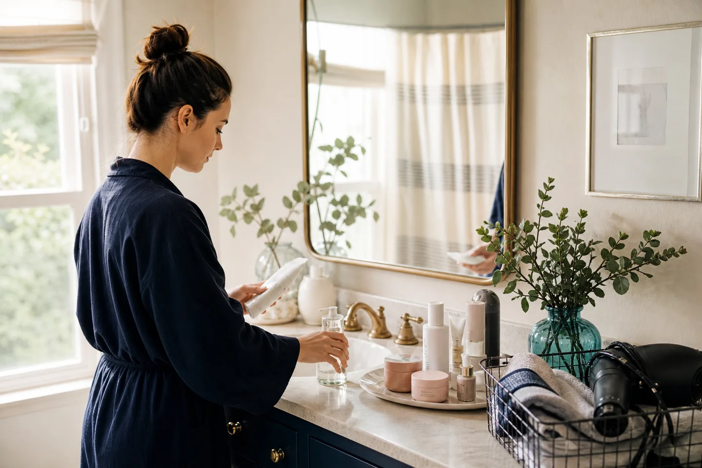 A realistic everyday beauty shopping scene for best gentle cleansers for simple morning and evening routines.