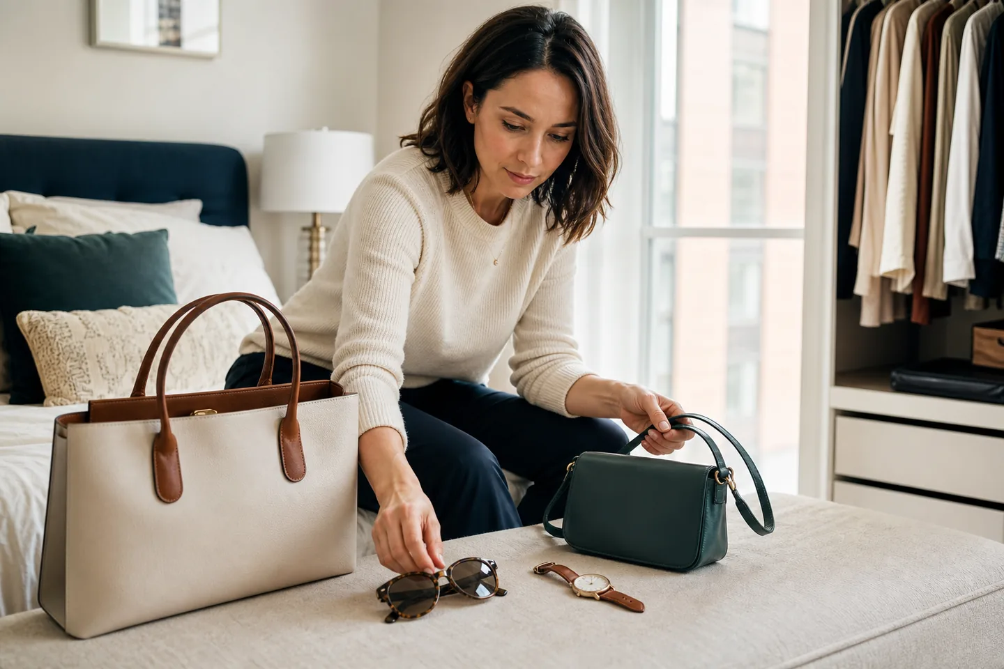 A realistic everyday fashion accessories shopping scene for best everyday tote bags for work, errands and organized carry.