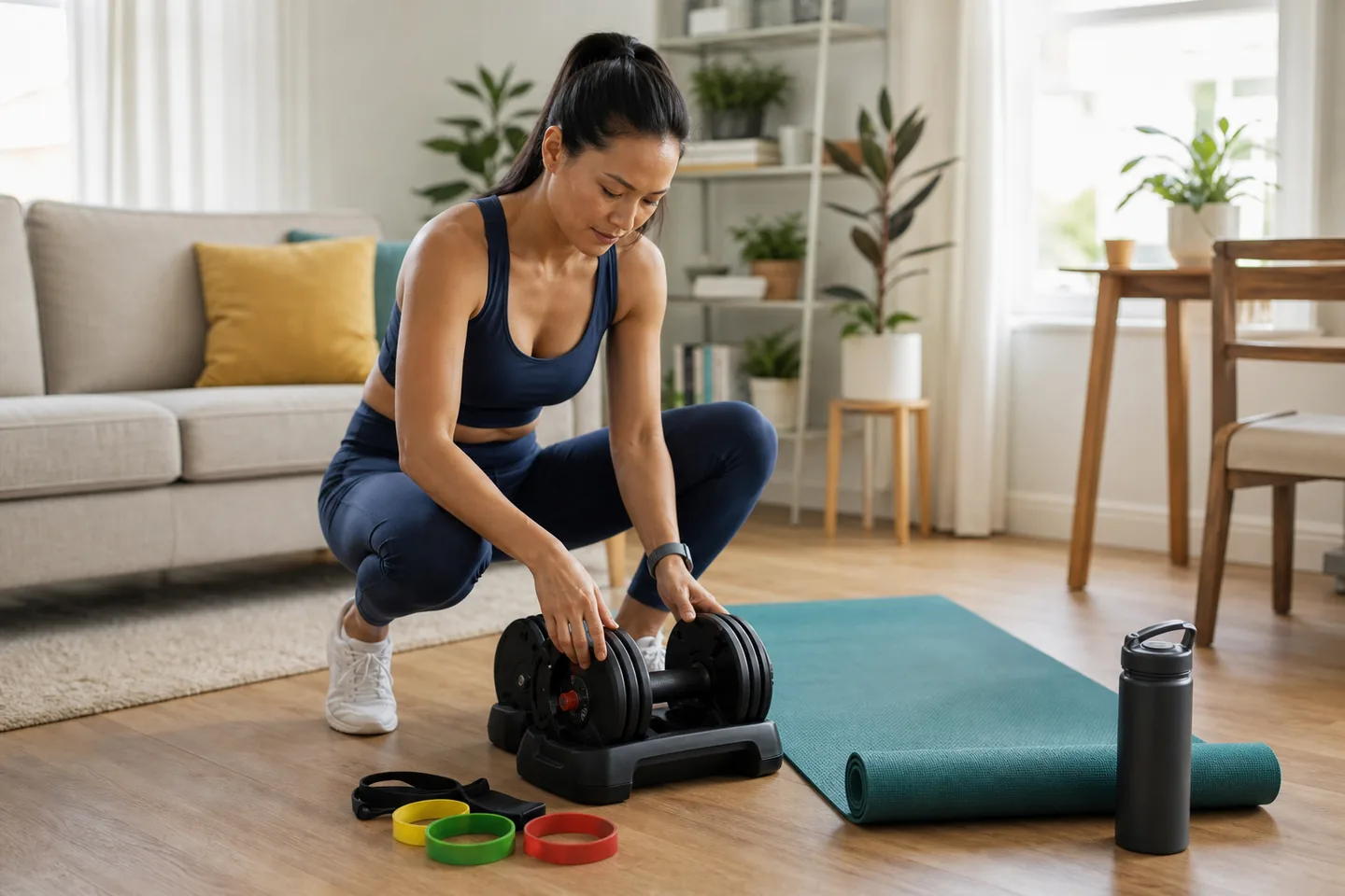 A realistic everyday fitness shopping scene for best adjustable dumbbells for progressive home workouts.