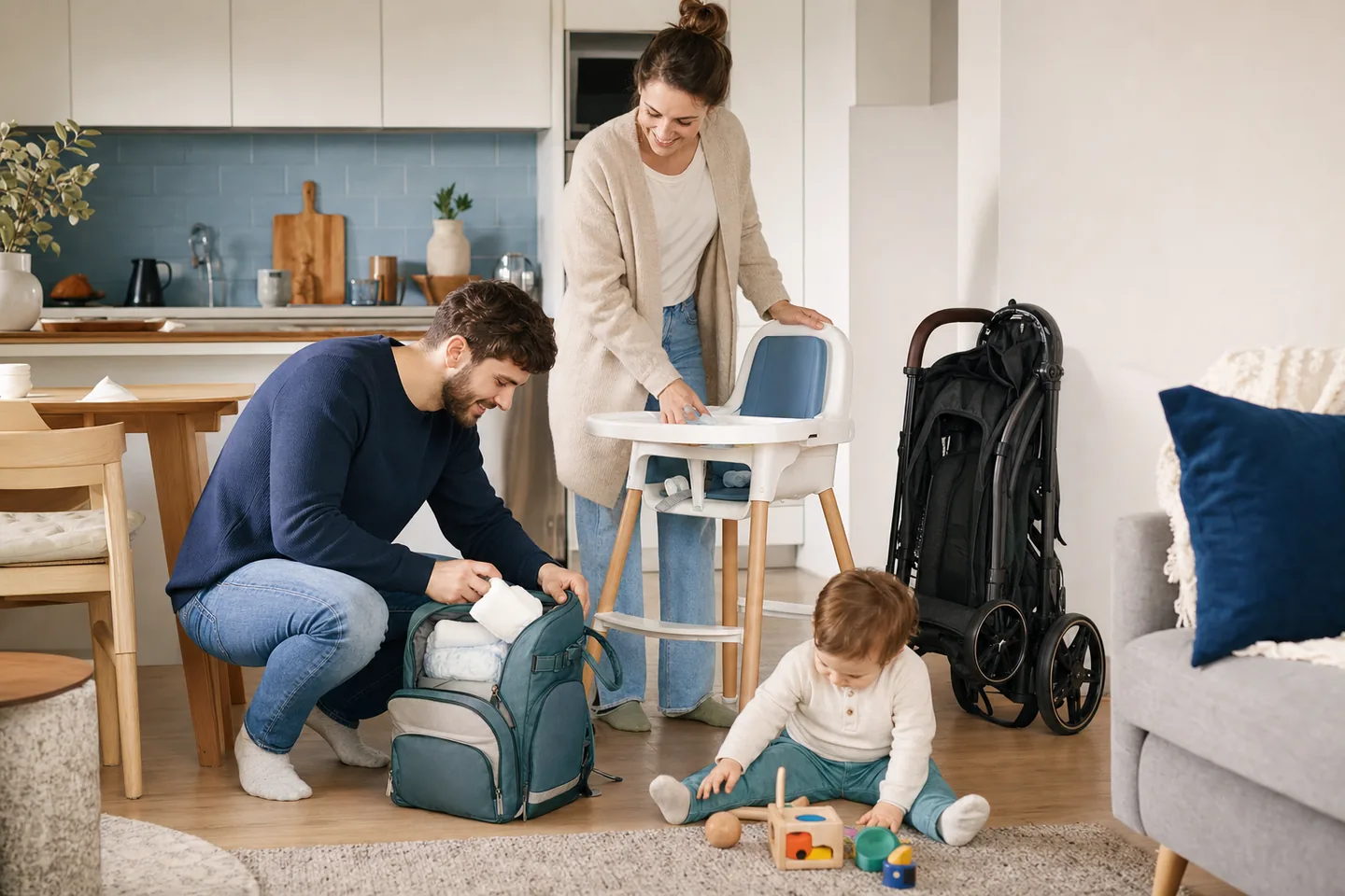 A realistic everyday parenting shopping scene for best high chairs for small kitchens and everyday cleanup.