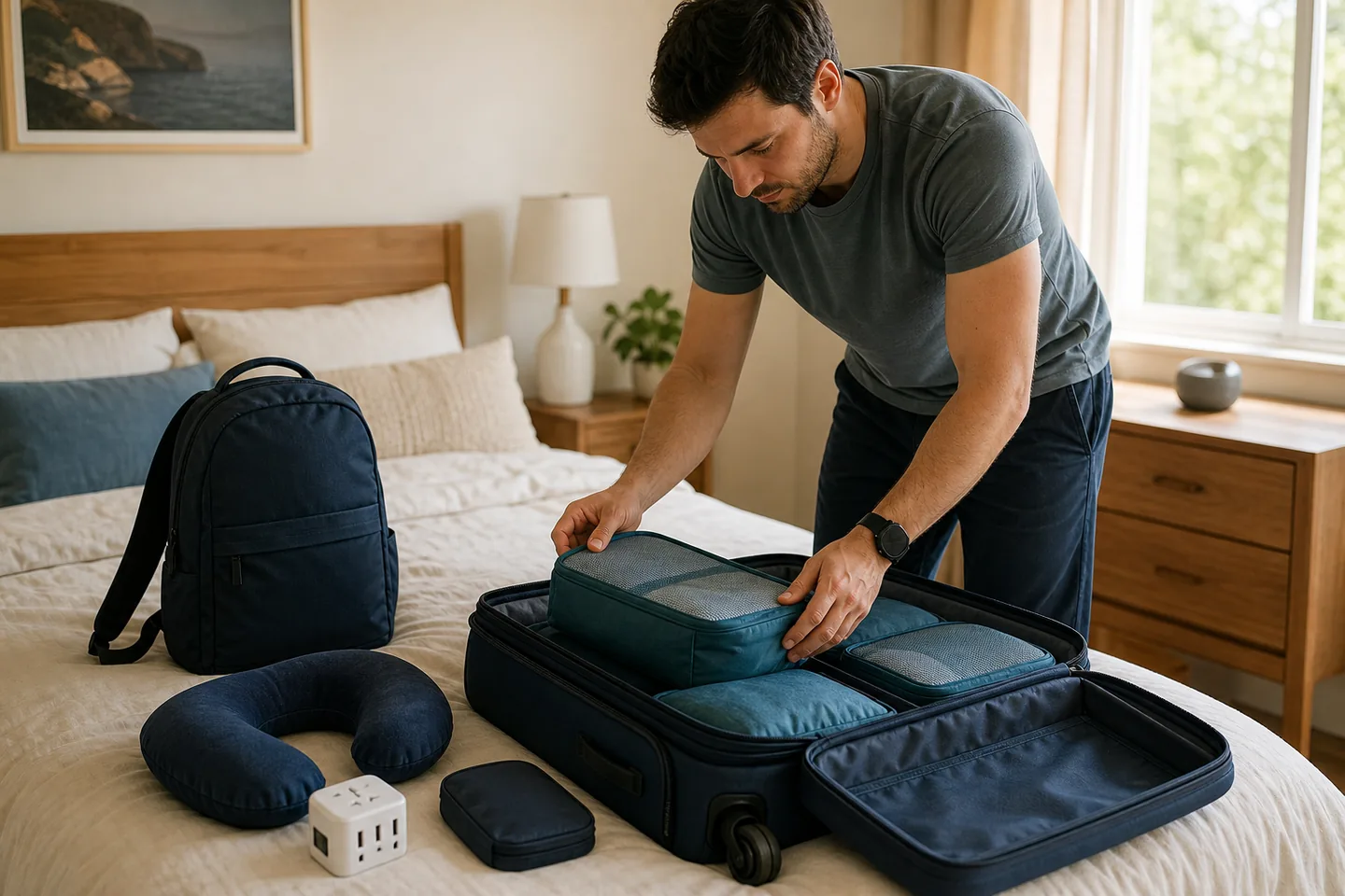 A realistic everyday travel shopping scene for best carry-on luggage for short trips and tight connections.